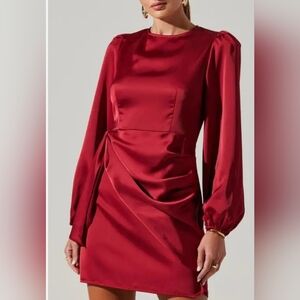 Astr Long Sleeve Red Satin Dress